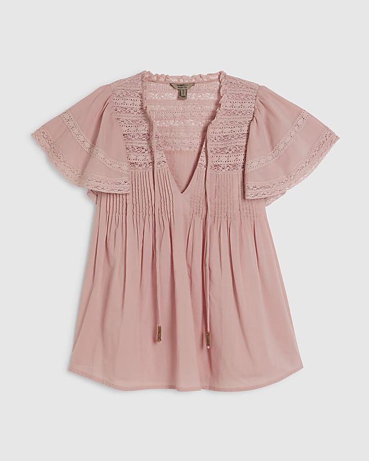 Pink Ruffle Sleeve Lace Blouse