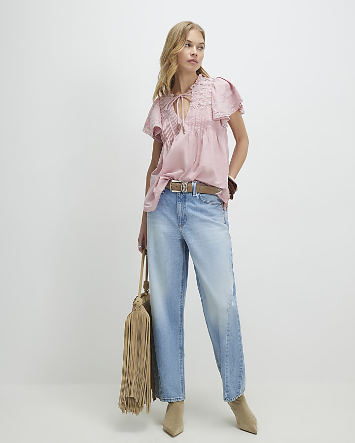 Pink Ruffle Sleeve Lace Blouse