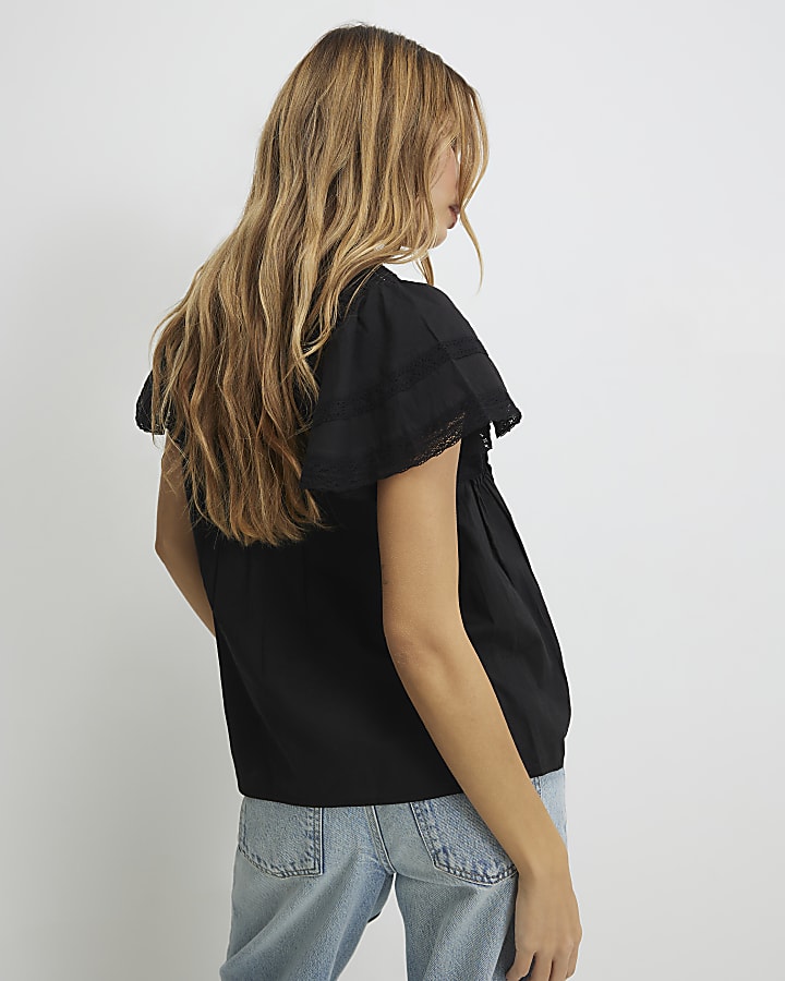 Black Ruffle Sleeve Lace Blouse