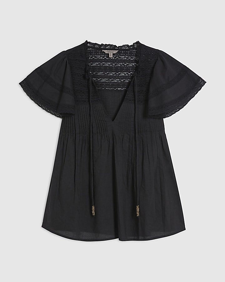 Black Ruffle Sleeve Lace Blouse