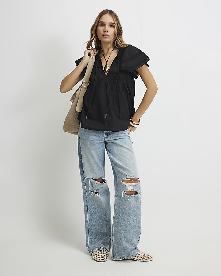 Black Ruffle Sleeve Lace Blouse