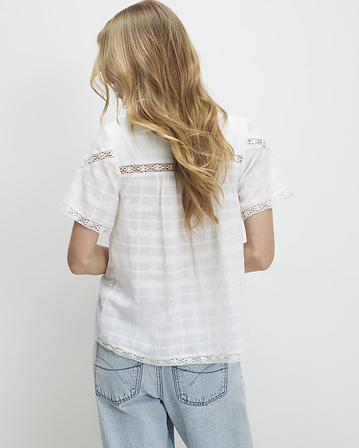 White Lace Detail Short Sleeve Blouse