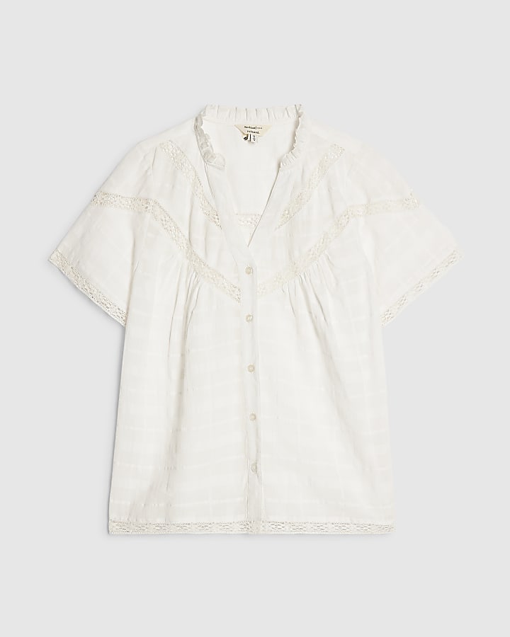 White Lace Detail Short Sleeve Blouse