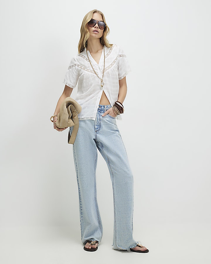 White Lace Detail Short Sleeve Blouse