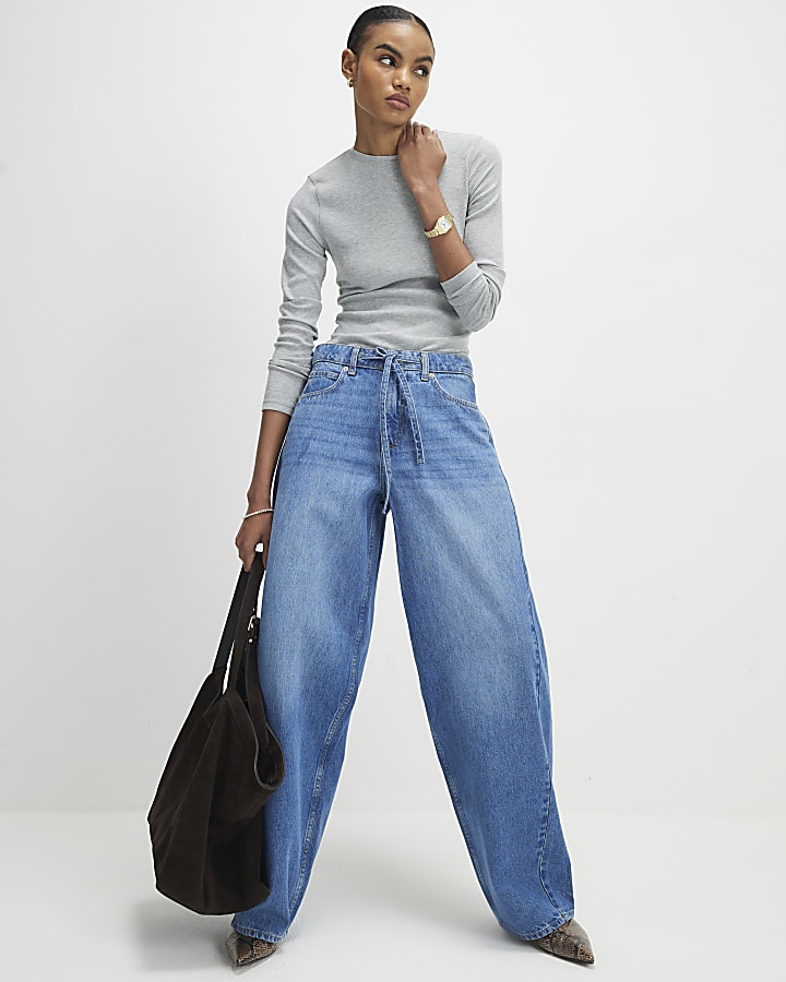 Blue Drawstring Balloon Leg Jeans