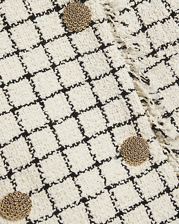 Cream Boucle Short Sleeve Check Mini Dress