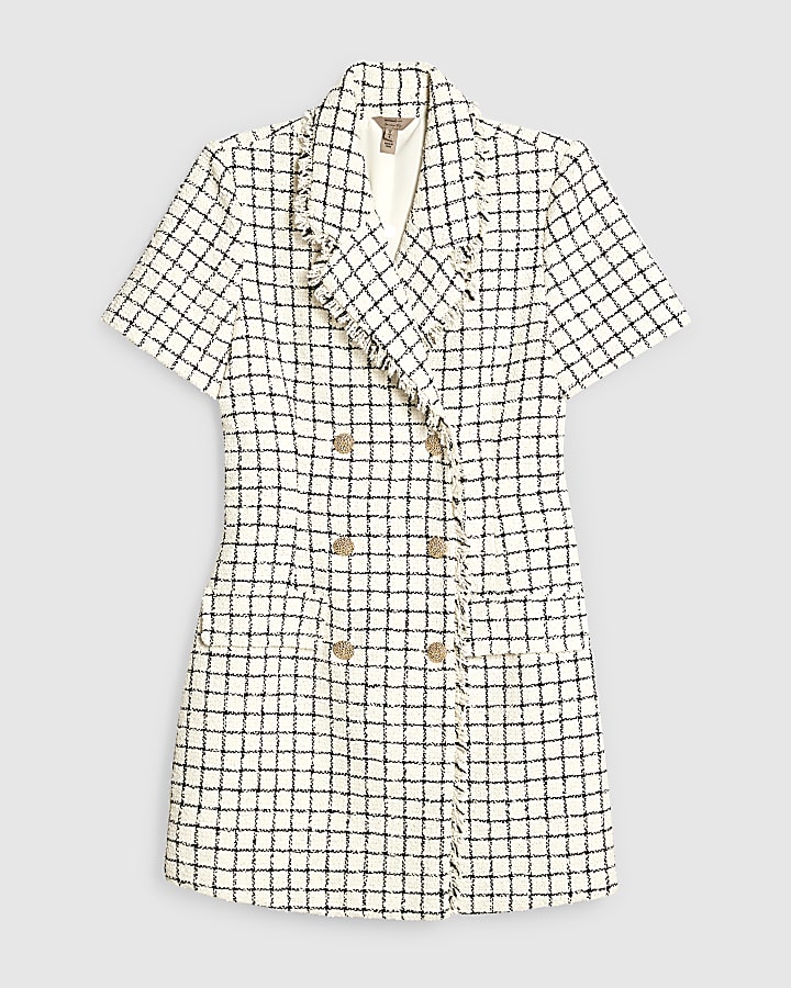 Cream Boucle Short Sleeve Check Mini Dress