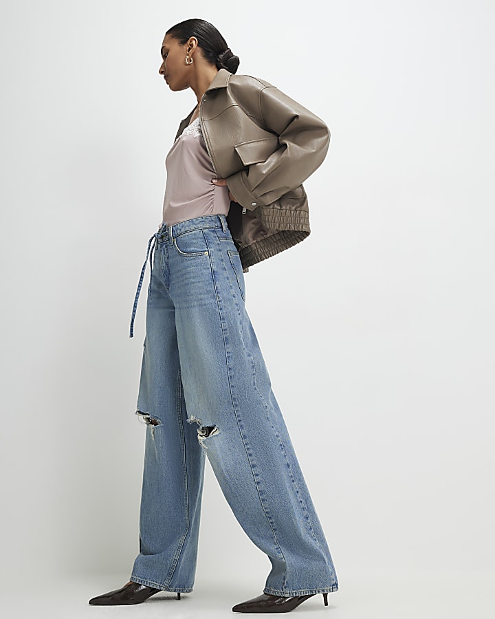 Blue Ripped Drawstring Balloon Leg Jeans