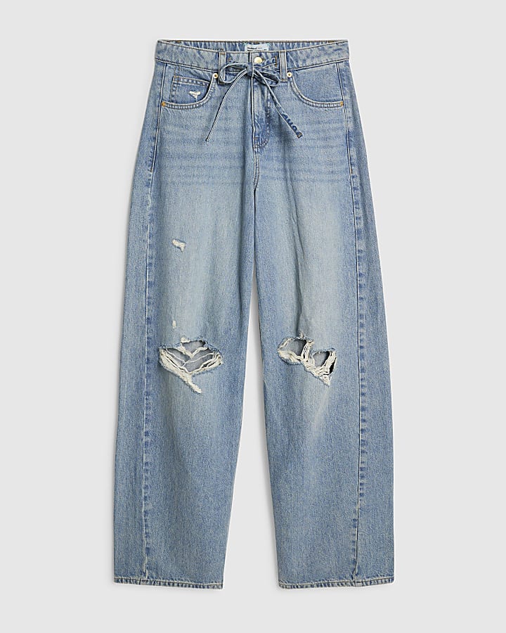 Blue Ripped Drawstring Balloon Leg Jeans