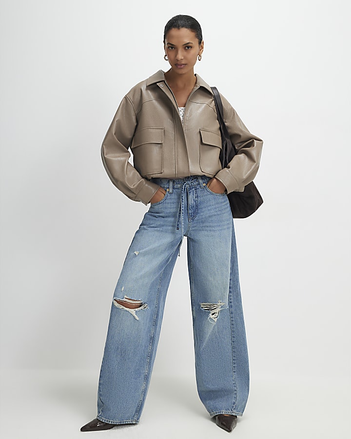 Blue Ripped Drawstring Balloon Leg Jeans