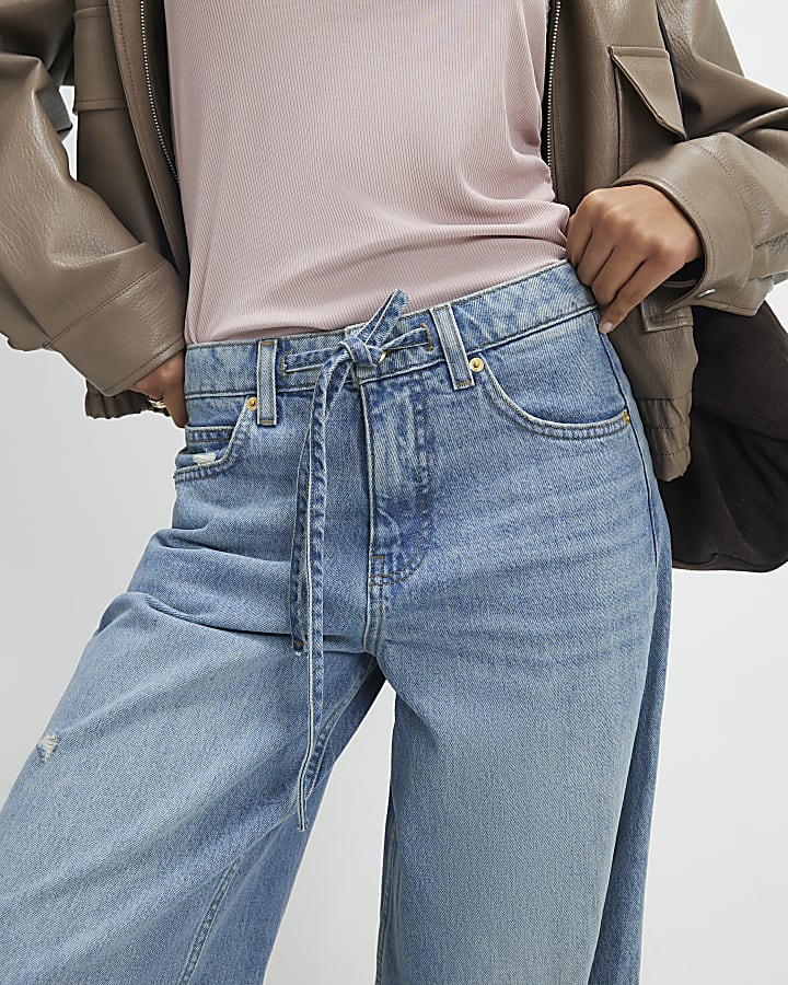 Blue Ripped Drawstring Balloon Leg Jeans