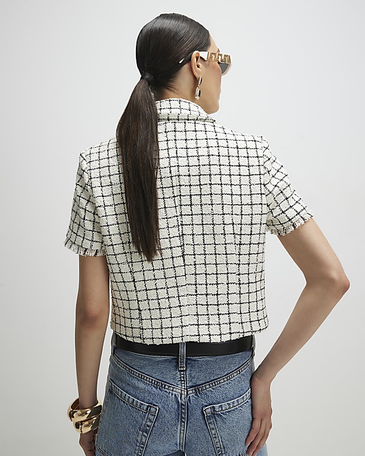 Cream Boucle Checked Short Sleeve Jacket
