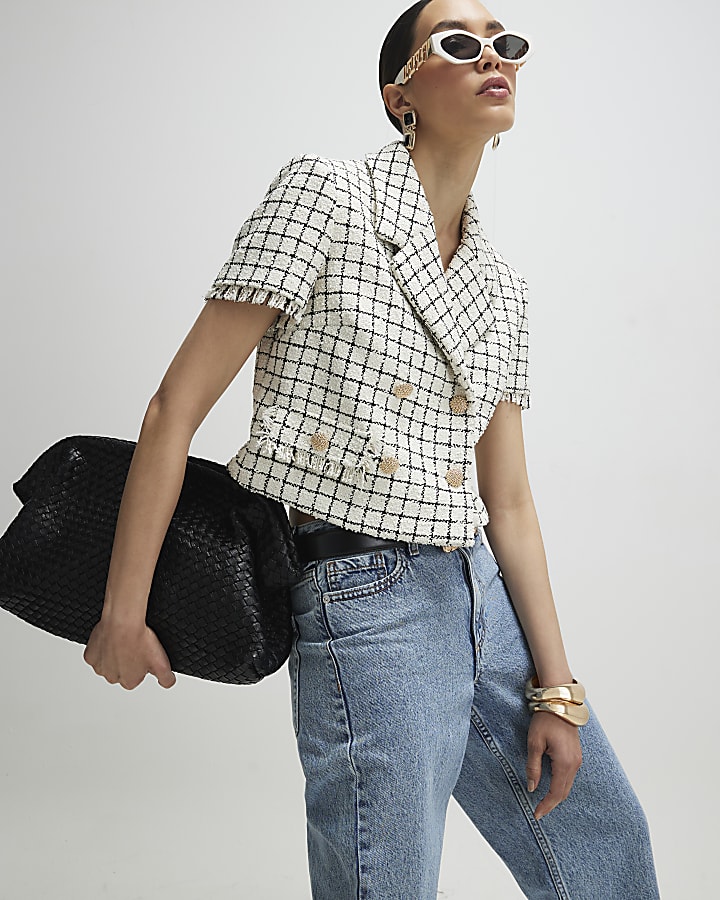 Cream Boucle Checked Short Sleeve Jacket