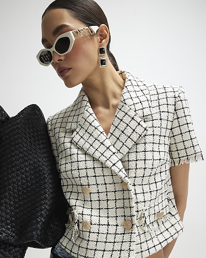 Cream Boucle Checked Short Sleeve Jacket