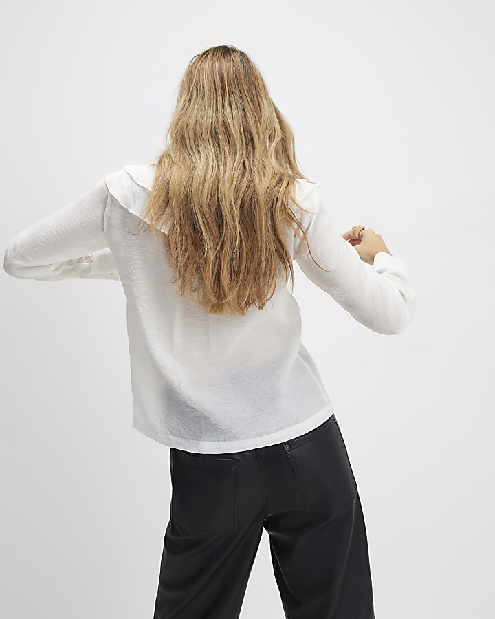 White Ruffle Tie Neck Blouse
