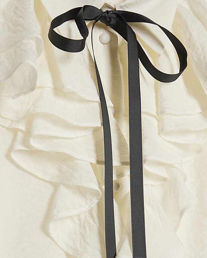 White Ruffle Tie Neck Blouse