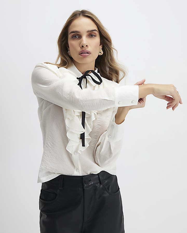 White Ruffle Tie Neck Blouse