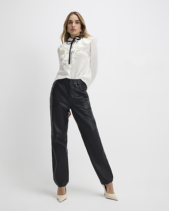 White Ruffle Tie Neck Blouse