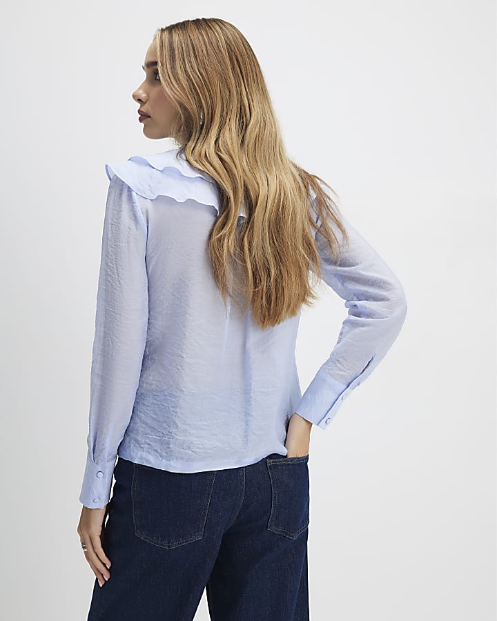 Blue Ruffle Tie Neck Blouse
