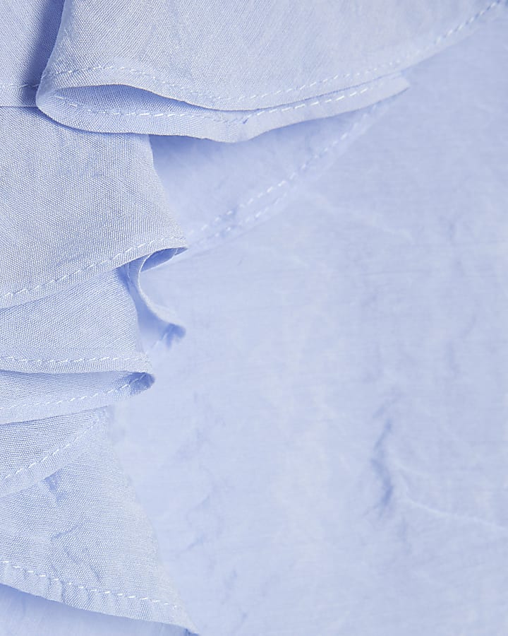 Blue Ruffle Tie Neck Blouse
