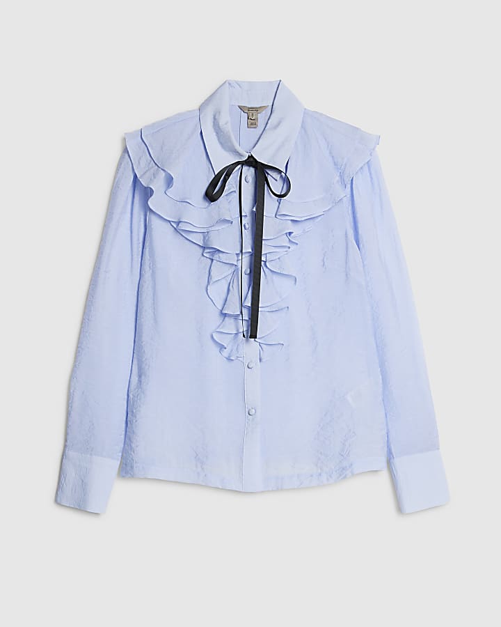 Blue Ruffle Tie Neck Blouse