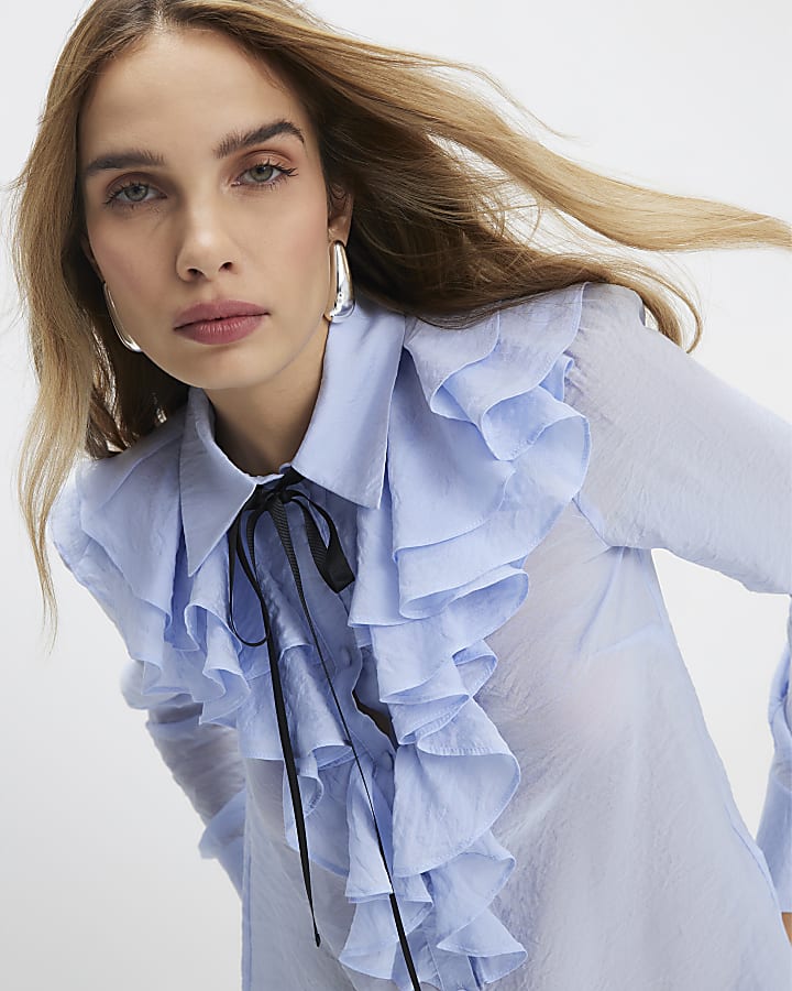 Blue Ruffle Tie Neck Blouse