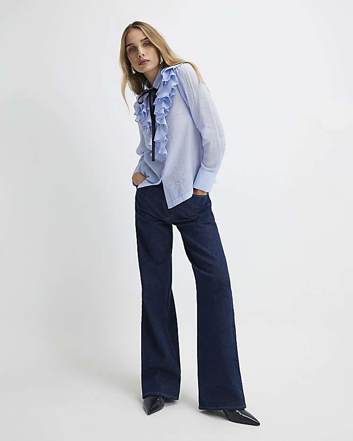 Blue Ruffle Tie Neck Blouse