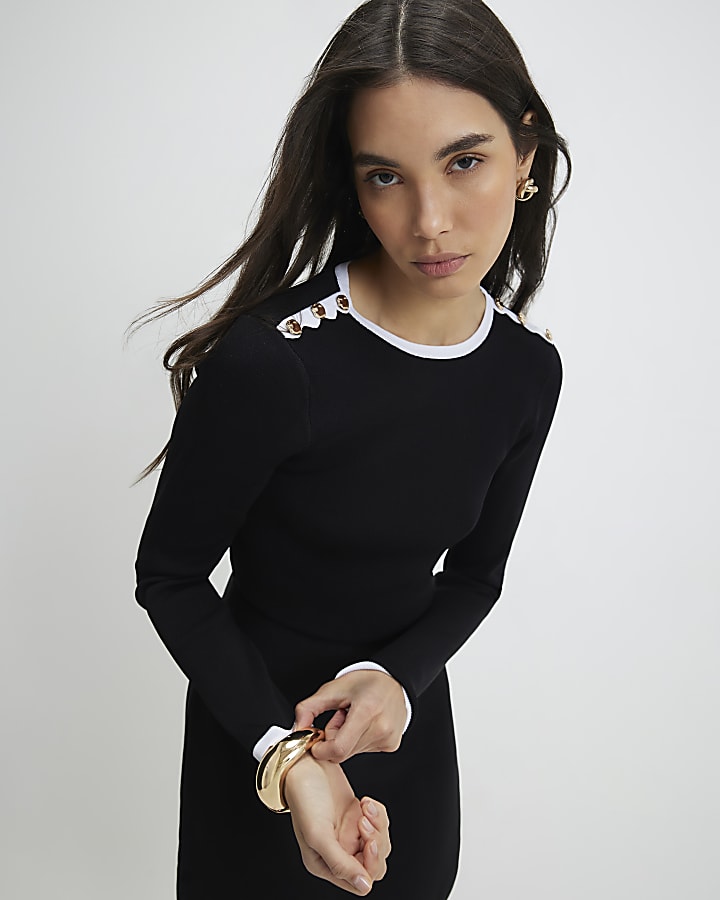 Black Knitted Scallop Tipped Mini Dress