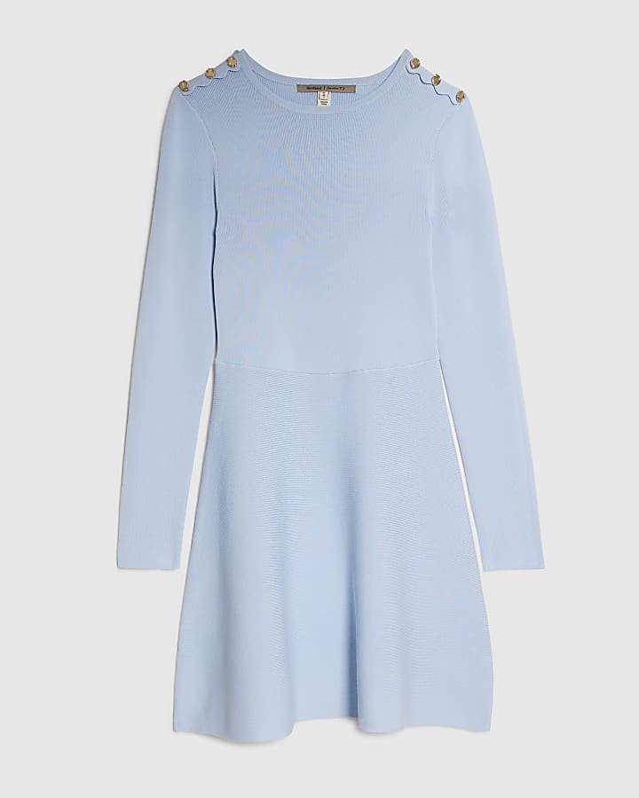 Blue Knitted Scallop Tipped Mini Dress