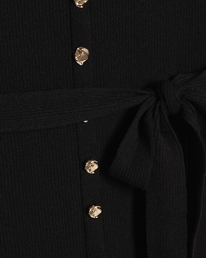 Black Belted Ribbed Knit Midi Dress