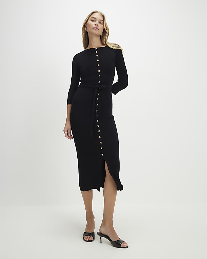 Black Belted Ribbed Knit Midi Dress