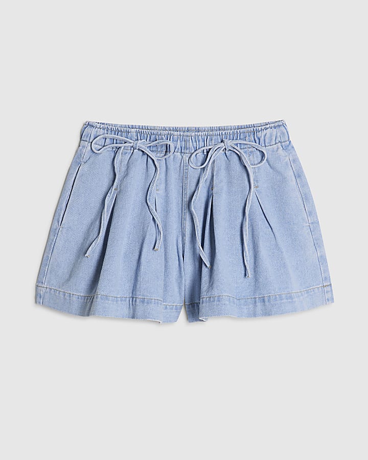 Blue Pleated Bow Front Shorts
