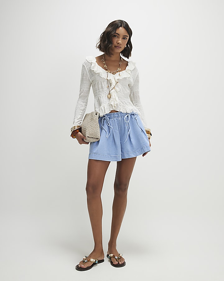Blue Pleated Bow Front Shorts