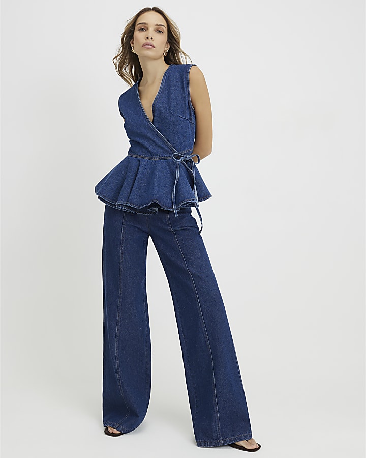 Blue Clean Waistband Wide Leg Jeans
