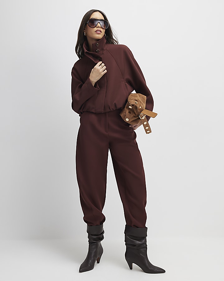 Brown Tailored Funnel Neck Bomber Jacket