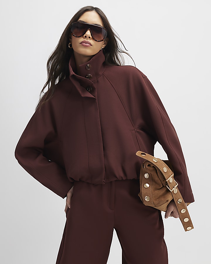 Brown Tailored Funnel Neck Bomber Jacket