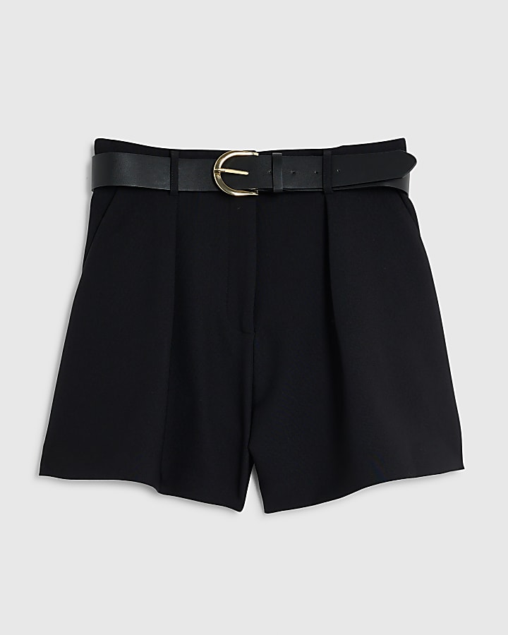 Black Structured Belted Shorts