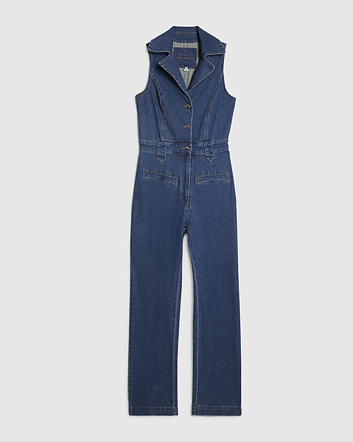 Blue Sleeveless Denim Jumpsuit