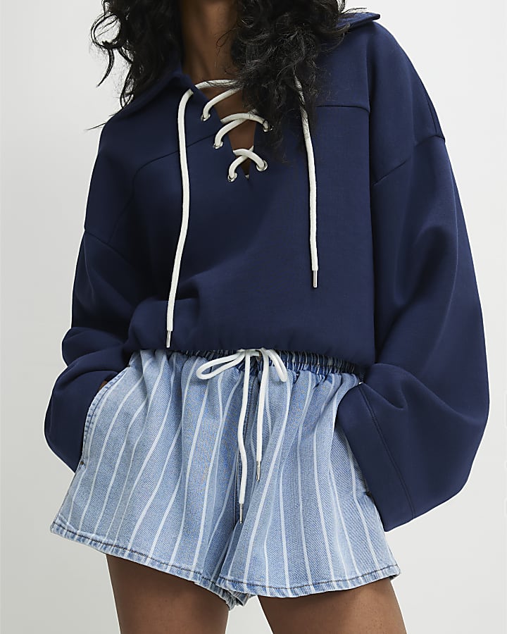 Blue Stripe Drawstring Denim Shorts