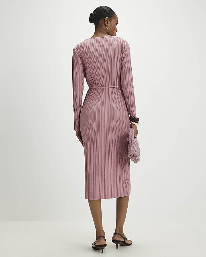 Pink Plisse Belted Midi Dress