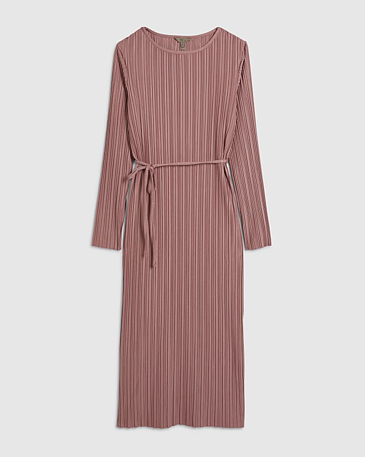 Pink Plisse Belted Midi Dress