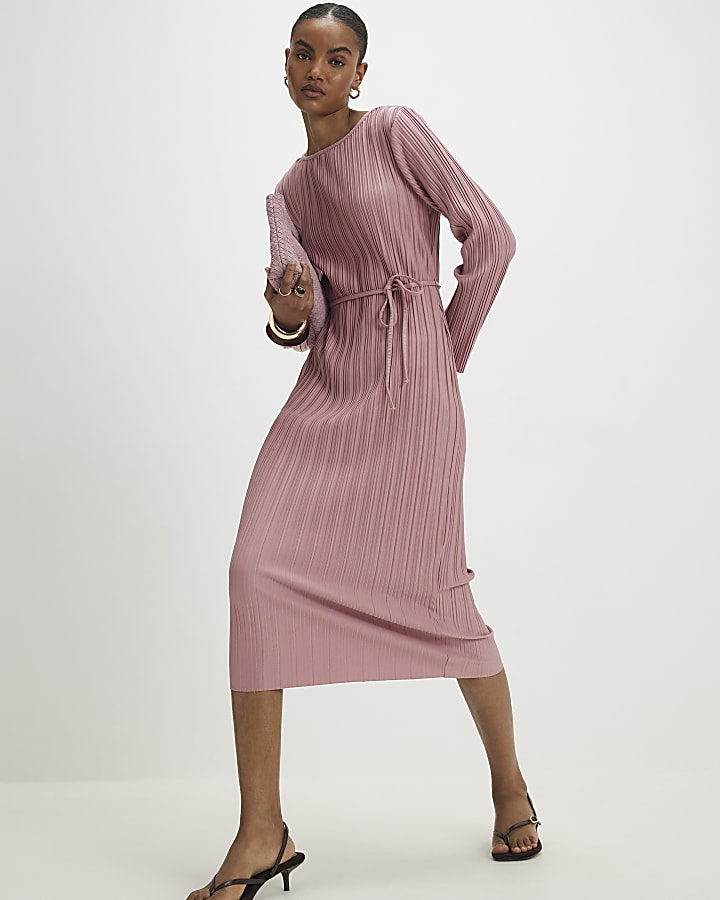 Pink Plisse Belted Midi Dress