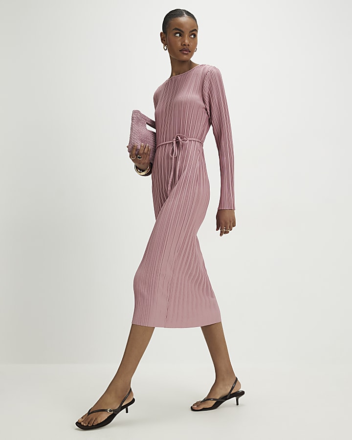Pink Plisse Belted Midi Dress