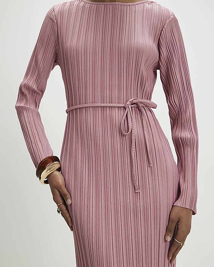 Pink Plisse Belted Midi Dress