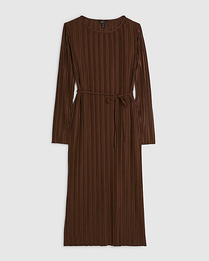 Brown Long Sleeve Plisse Belted Midi Dress