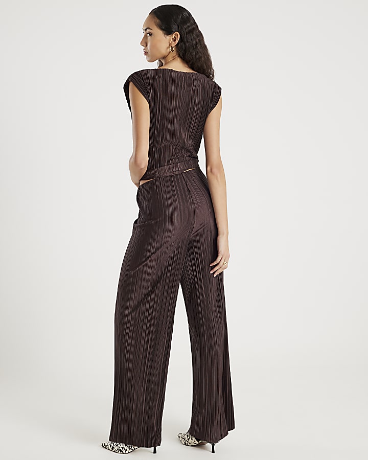 Brown Plisse Wide Leg Trousers