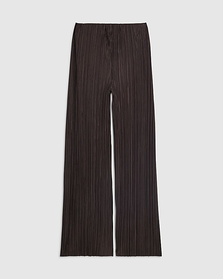 Brown Plisse Wide Leg Trousers