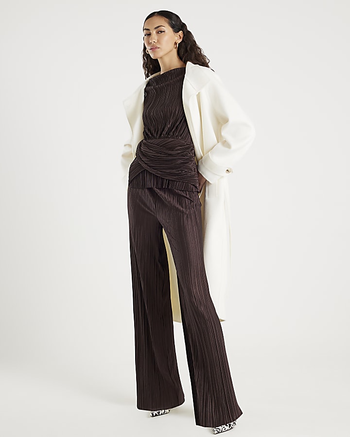 Brown Plisse Wide Leg Trousers