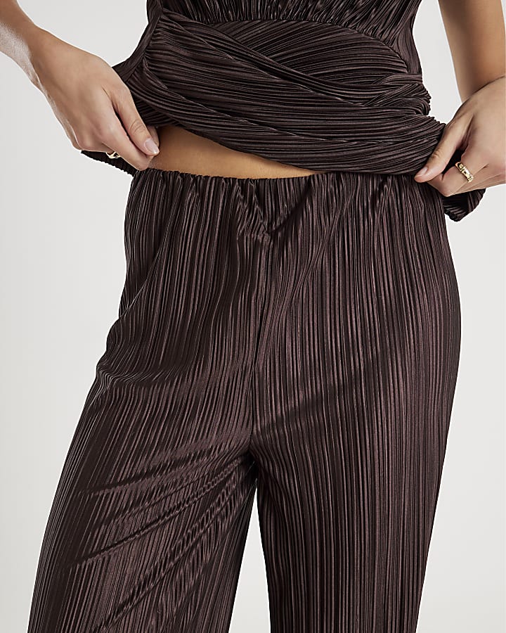 Brown Plisse Wide Leg Trousers