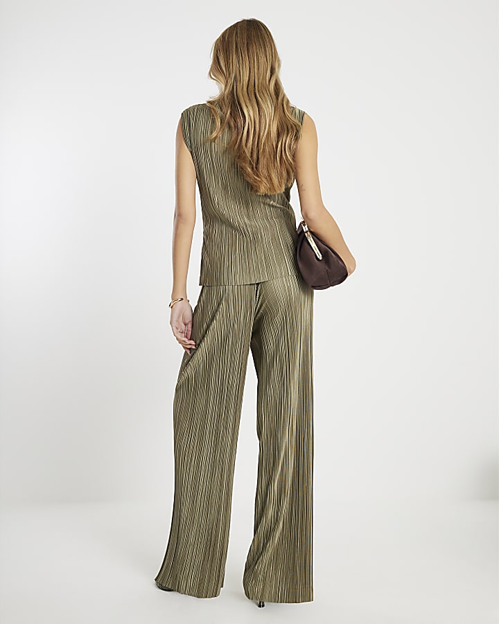 Green Plisse Wide Leg Trousers